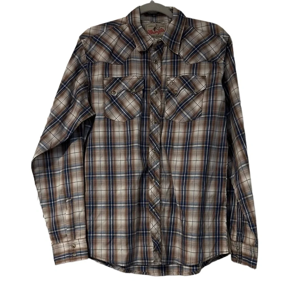 Wrangler Shirt Tan Blue Pearl Snap Rodeo Western Sawtooth Pockets Cowboy Sz XXL